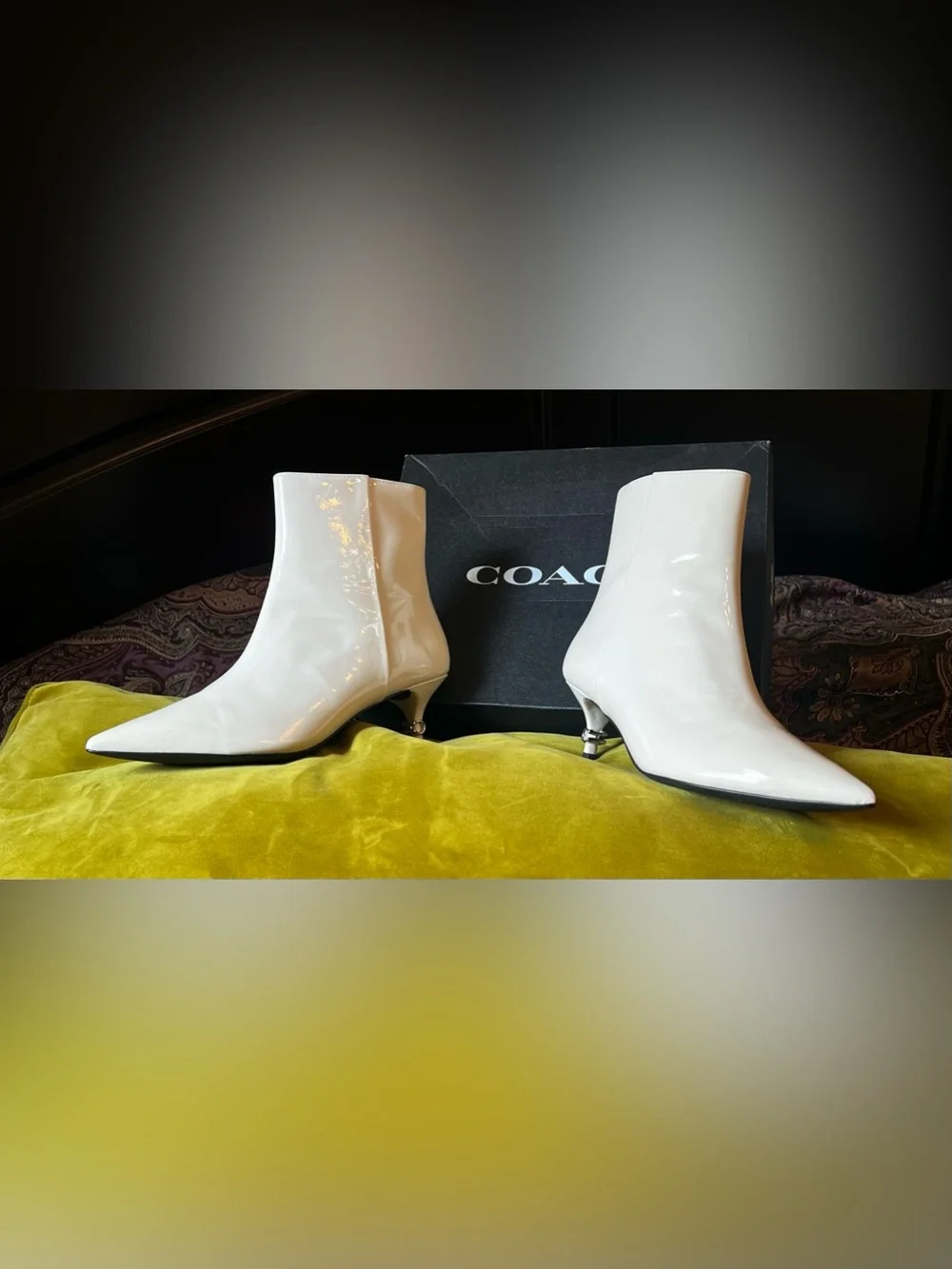 Coach Jewel White Patent Leather Pointed Ankle Booties